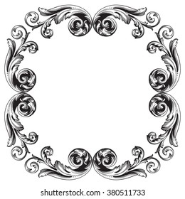 Vintage baroque frame scroll ornament engraving border floral retro pattern antique style acanthus foliage swirl decorative design element filigree calligraphy vector | damask - stock vector