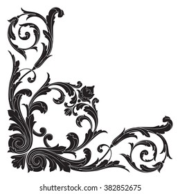 Vintage baroque frame scroll ornament engraving border floral retro pattern antique style acanthus foliage swirl decorative design element filigree calligraphy vector | damask - stock vector