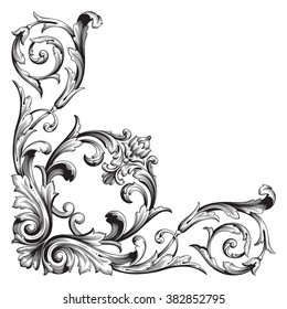 Vintage baroque frame scroll ornament engraving border floral retro pattern antique style acanthus foliage swirl decorative design element filigree calligraphy vector | damask - stock vector