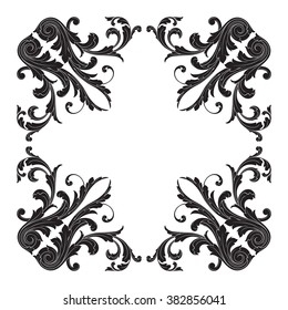 Vintage baroque frame scroll ornament engraving border floral retro pattern antique style acanthus foliage swirl decorative design element filigree calligraphy vector | damask - stock vector