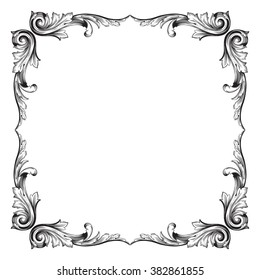 Vintage baroque frame scroll ornament engraving border floral retro pattern antique style acanthus foliage swirl decorative design element filigree calligraphy vector | damask - stock vector