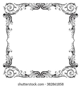 Vintage baroque frame scroll ornament engraving border floral retro pattern antique style acanthus foliage swirl decorative design element filigree calligraphy vector | damask - stock vector