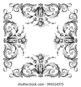 Vintage baroque frame scroll ornament engraving border floral retro pattern antique style acanthus foliage swirl decorative design element filigree calligraphy vector | damask - stock vector