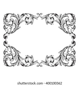 Vintage baroque frame scroll ornament engraving border floral retro pattern antique style acanthus foliage swirl decorative design element filigree calligraphy vector | damask - stock vector