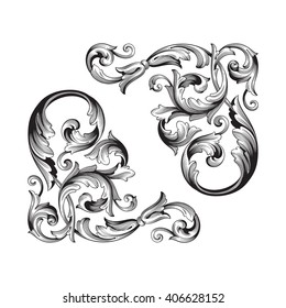 Vintage baroque frame scroll ornament engraving border floral retro pattern antique style acanthus foliage swirl decorative design element filigree calligraphy vector | damask - stock vector