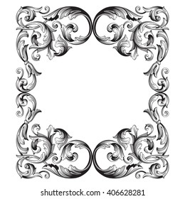 Vintage baroque frame scroll ornament engraving border floral retro pattern antique style acanthus foliage swirl decorative design element filigree calligraphy vector | damask - stock vector