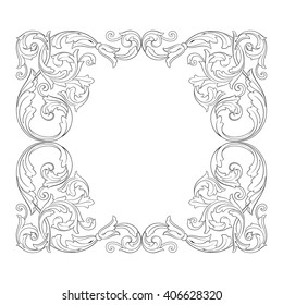 Vintage baroque frame scroll ornament engraving border floral retro pattern antique style acanthus foliage swirl decorative design element filigree calligraphy vector | damask - stock vector