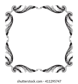 Vintage baroque frame scroll ornament engraving border floral retro pattern antique style acanthus foliage swirl decorative design element filigree calligraphy vector