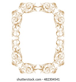 Vintage baroque frame scroll ornament engraving border floral retro pattern antique style acanthus foliage swirl decorative design element filigree calligraphy vector. Damask style