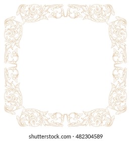 Vintage baroque frame scroll ornament engraving border floral retro pattern antique style acanthus foliage swirl decorative design element filigree calligraphy vector. Damask style