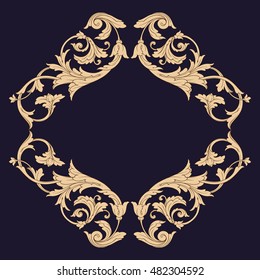 Vintage baroque frame scroll ornament engraving border floral retro pattern antique style acanthus foliage swirl decorative design element filigree calligraphy vector. Damask style