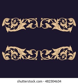 Vintage baroque frame scroll ornament engraving border floral retro pattern antique style acanthus foliage swirl decorative design element filigree calligraphy vector. Damask style