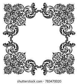 Vintage baroque frame scroll ornament engraving border floral retro pattern antique style acanthus foliage swirl decorative design element filigree calligraphy .Vector.