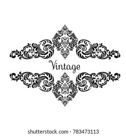 Vintage baroque frame scroll ornament engraving border floral retro pattern antique style acanthus foliage swirl decorative design element filigree calligraphy.