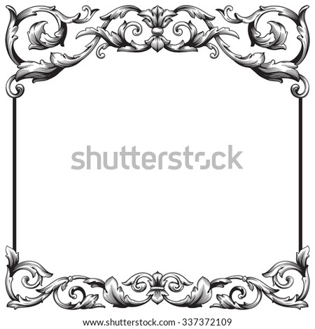 Vintage baroque frame scroll ornament engraving border floral retro pattern antique style acanthus foliage swirl decorative design element filigree calligraphy vector | damask - stock vector
