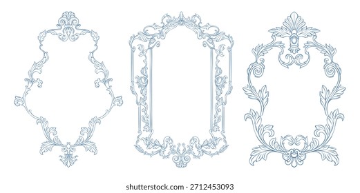 Conjunto de marco barroco de Antiguas. Marcos clásicos con remolino dibujado a mano de hojas de acanto y flores. Guardar Caprichoso arte de línea de marcos victorianos para decoración de invitación de boda, tarjeta, portada de libro y la fecha. 