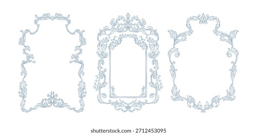 Vintage baroque frame set. Classic frames with hand drawn swirl of acanthus leaves and florals. Whimsical Victorian frames line art for wedding invitation decor, card, book cover, and save the date. 