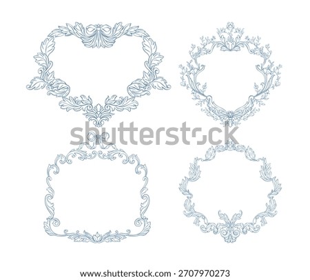Vintage baroque frame set. Classic frames with hand drawn swirl of acanthus leaves and florals. Whimsical Victorian and rustic frames line art for wedding invitation, card, book cover, save the date. 