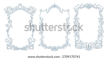 Vintage baroque frame set. Classic frames with hand drawn swirl of acanthus leaves and florals. Whimsical Victorian frames line art for wedding invitation decor, card, book cover, and save the date. 