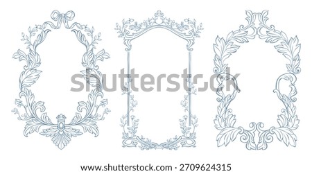 Vintage baroque frame set. Classic frames with hand drawn swirl of acanthus leaves and florals. Whimsical Victorian and rustic frames line art for wedding invitation, card, book cover, save the date. 