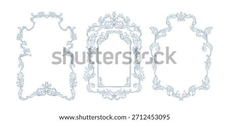 Vintage baroque frame set. Classic frames with hand drawn swirl of acanthus leaves and florals. Whimsical Victorian frames line art for wedding invitation decor, card, book cover, and save the date. 