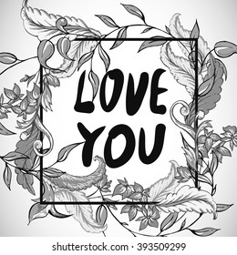 Vintage baroque greeting card with swirls, flowers, Love you vector illustration