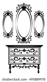 Vintage Baroque Imperial Dressing Table and Mirror set. French Luxury rich carved ornaments decor. Vector Victorian exquisite Style furniture