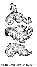 Vintage Baroque Leaf Scroll Set Black And White Foliage Floral Ornament Filigree Engraving Retro Style Design Element Vector