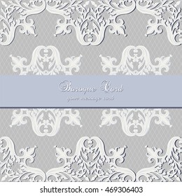 Vintage Baroque Luxury lace card. Elegant floral delicate background for wedding, anniversary, greeting or invitation cards, poster, banner. Royal Victorian border. Exquisite ornamented decor