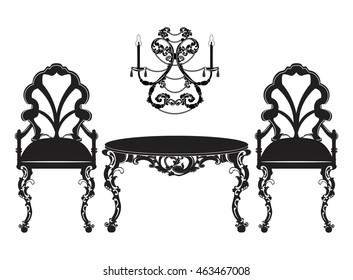 Vintage Baroque luxury ornamented furniture set. Baroque style chairs and table. Vector sketch