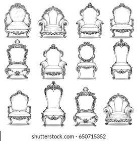 Vintage Baroque Luxury Style Armchairs Furniture Set Collection. French Luxury Rich Carved Ornaments Decoration. Vector Victorian Exquisite Style Furniture