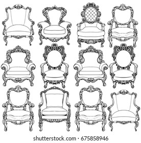 Vintage Baroque luxury style armchairs furniture set collection. French Luxury rich carved ornaments decoration. Vector Victorian exquisite Style furniture