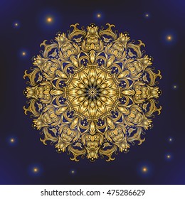 Vintage baroque mandala ornament in gold. Retro pattern antique style acanthus. Decorative design element filigree calligraphy.  Vector illustration. 