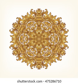 Vintage baroque mandala ornament in gold. Retro pattern antique style acanthus. Decorative design element filigree calligraphy.  Vector illustration. 