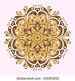 Vintage baroque mandala ornament in gold on pink background. Decorative design element filigree calligraphy. Vector illustration. Retro pattern antique style acanthus.