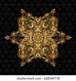 Vintage baroque mandala ornament in gold on black background. Vector illustration. Retro pattern antique style acanthus. Decorative design element filigree calligraphy.