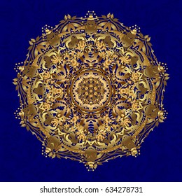 Vintage baroque mandala ornament in gold on blue background. Vector illustration. Retro pattern antique style acanthus. Decorative design element filigree calligraphy.