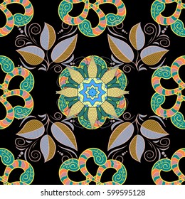 Vintage baroque mandala ornament on black background. Retro pattern antique style acanthus. Decorative design element filigree calligraphy. Vector illustration.