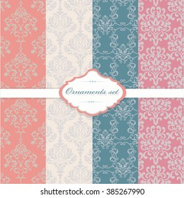 Vintage Baroque ornament damask patterns collection. Elegant luxury textures for wallpapers, backgrounds and invitation cards. Trendy colors. Vector