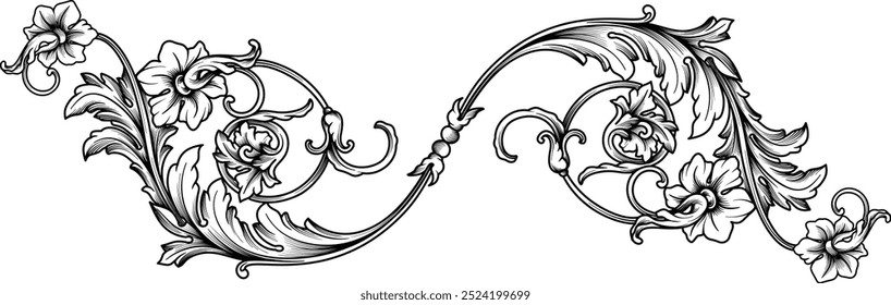 Vintage baroque ornament, Decorative design retro pattern antique flourish acanthus. Floral flower element, filigree calligraphy vector illustration isolated