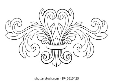 Vintage baroque ornament. The decorative element is made of twisted leaves. Vector image for victorian frame, scroll, tattoo design. Black and white heraldic swirl.