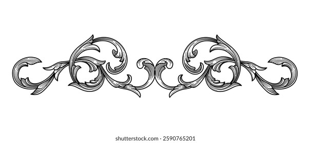 Vintage baroque ornament engraving scroll, swirl, flourish, filigree element in black linear hand drawing vector illustration