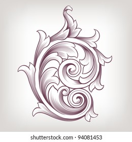 Vintage baroque scroll design element flower motif pattern vector