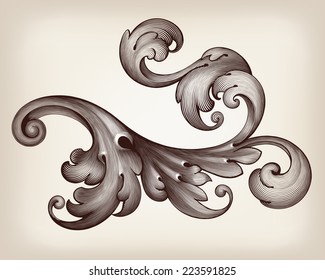 vintage Baroque scroll design frame engraving  acanthus floral border pattern element retro style filigree vector