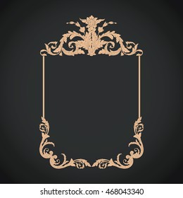 Vintage baroque scroll ornament engraving floral retro pattern antique style acanthus foliage swirl decorative design element filigree calligraphy. Black background. 