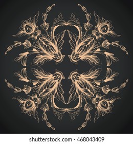 Vintage baroque scroll ornament engraving floral retro pattern antique style acanthus foliage swirl decorative design element filigree calligraphy. Black background. 
