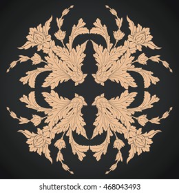 Vintage baroque scroll ornament engraving floral retro pattern antique style acanthus foliage swirl decorative design element filigree calligraphy. Black background. 