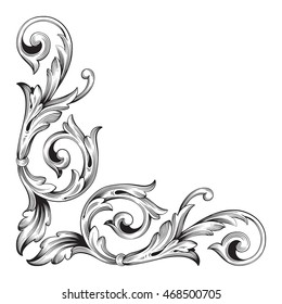 Vintage baroque scroll ornament engraving floral retro pattern antique style acanthus foliage swirl decorative design element filigree calligraphy. White background.