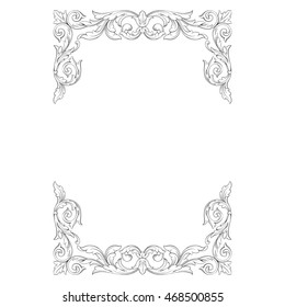 Vintage baroque scroll ornament engraving floral retro pattern antique style acanthus foliage swirl decorative design element filigree calligraphy. White background.