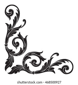 Vintage baroque scroll ornament engraving floral retro pattern antique style acanthus foliage swirl decorative design element filigree calligraphy. White background.